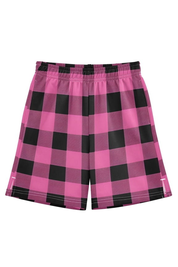 Pink Grid Pattern Athletic Shorts Breathable with Comfort Fit Drawstring Casual Sweatshorts Medium