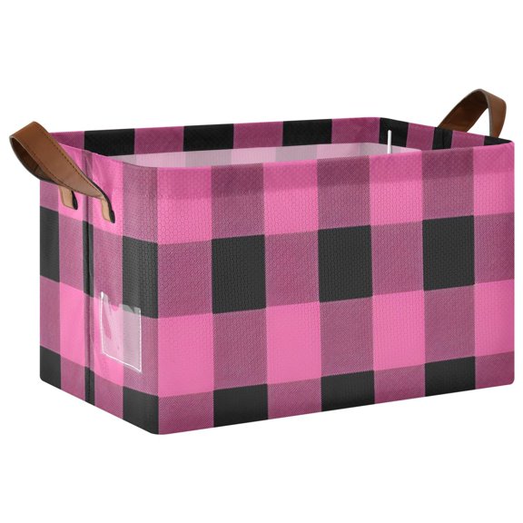 Pink Grid Pattern Collapsible Storage Bin Open Home Shelf Basket Water-Resistant Iron Frame Large