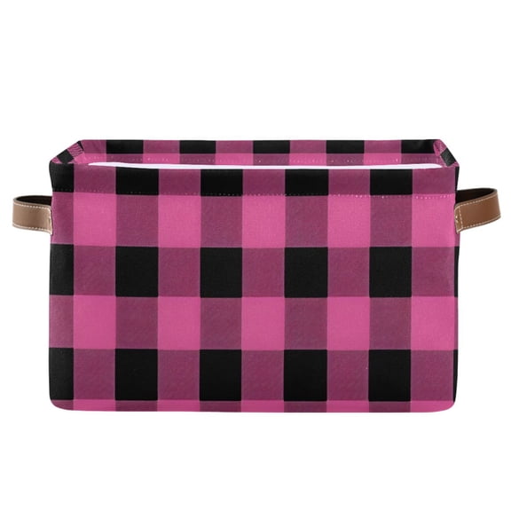 Pink Grid Pattern Storage Basket Canvas Waterproof PE Lining PU Leather Handles Collapsible 14.2x10.2x8.3in