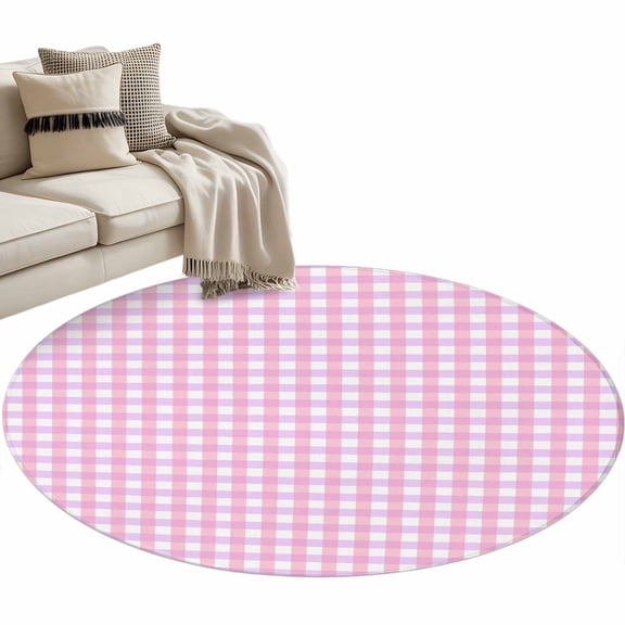 Pink Grid Round Area Rug 4 FT, Non Slip Indoor Outdoor Rug, Checkered Plaid Gingham Lattice Trellis Print Washable Soft Circular Carpet Non-Shedding Floor Mat for Coffee Table Nursery Foyer Balcony