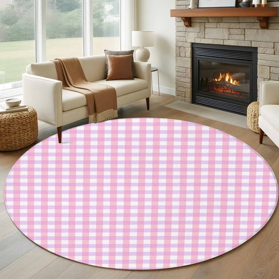Pink Grid Round Area Rug 5 FT, Non Slip Bedroom Area Rug, Checkered Plaid Gingham Lattice Trellis Print Washable Soft Circular Carpet Floor Mat for Kitchen Dining Room Foyer Balcony Dorm