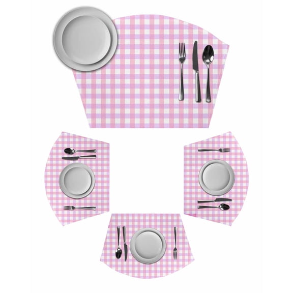 Pink Grid Round Table Placemats Set of 2 Wedge Placemats, Checkered Plaid Gingham Lattice Trellis Print Place Mats for Dining Table Set Washable Mats Kitchen Decor for Indoor Outdoor Wipe Clean