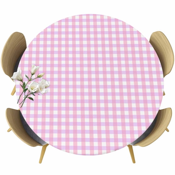 Pink Grid Round Tablecloth, Fitted Table Cover with Elastic for 36"-44" Round Tables, Checkered Plaid Gingham Lattice Trellis Print Table Cloth Outdoor Indoor Dinning Party Waterproof Tablecloths