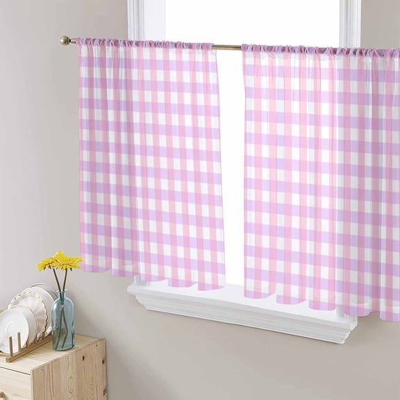 Pink Grid Semi Sheer Curtains 45 Inch Length 2 Panels Set, Checkered Plaid Gingham Lattice Trellis Print Sheer Kitchen Curtain Privacy Voile Window Curtain for Living Room Bedroom Rod Pocket Drapes