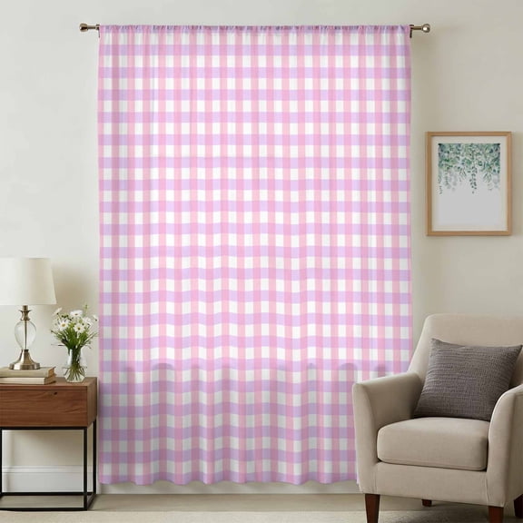 Pink Grid Sheer Curtains 45 Inches Long, Checkered Plaid Gingham Lattice Trellis Print Light Filering Curtains, Breathable Simi Curtain Privacy Drapes for Kitchen Bathroom Small Window Treatment