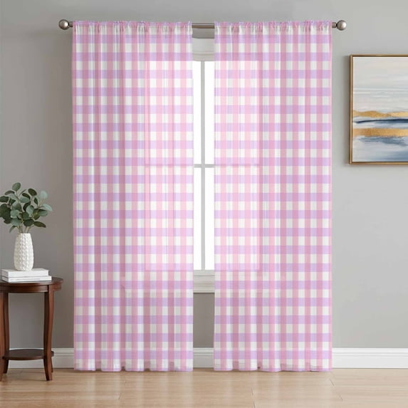 Pink Grid Sheer Curtains 84 Inch Length 2 Panels Set, Checkered Plaid Gingham Lattice Trellis Print Voile Window Treatment Rod Pocket Curtains Sheers Drapes for Bedroom/Living Room/Kitchen 52"x84"x2