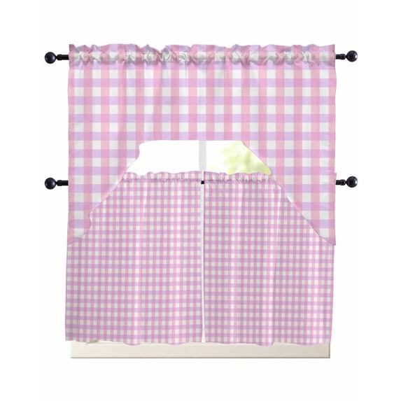 Pink Grid Swag Curtains for Living Room/Bedroom Windows, Checkered Plaid Gingham Lattice Trellis Print Kitchen Curtains and Valances Set 36 Inch Length, Light Filtering Swags Valance Curtain Panels
