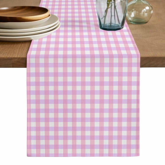 Pink Grid Table Runner, Checkered Plaid Gingham Lattice Trellis Print Washable Cotton Linen Table Runners 36 Inches Long, Dresser Scarf Runner for Nightstand/End Tables/Round Tables 13''x36''