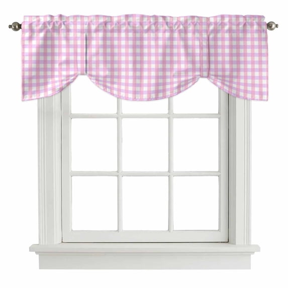 Pink Grid Tie Up Valance Curtains for Windows, Kitchen Curtains Window Treatments, Checkered Plaid Gingham Lattice Trellis Print Short Window Shades Valances for Bedroom Bathroom Cafe 54"x18"