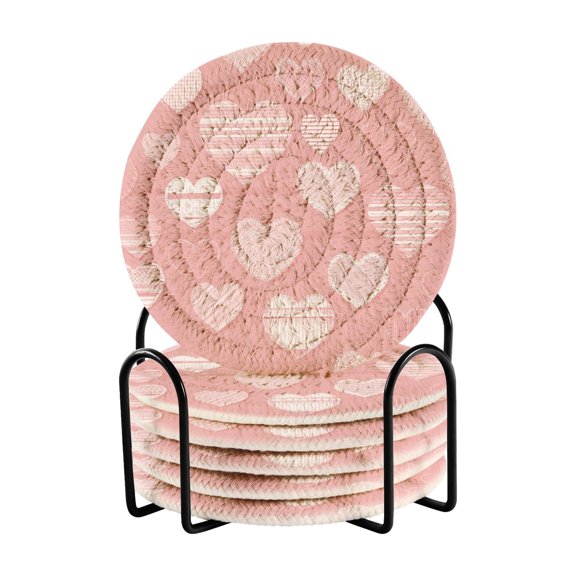 Pink Grid with Lace Heart Valentine Drinking Coasters Cup Mat with Holder for Kitchen Cafe Bar 6 Packs
