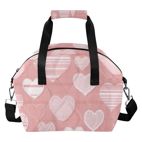 Pink Grid with Lace Heart Valentine Insulated Lunch Bag Reusable Quilted Lunch Box Waterproof Leakproof Lunch Container