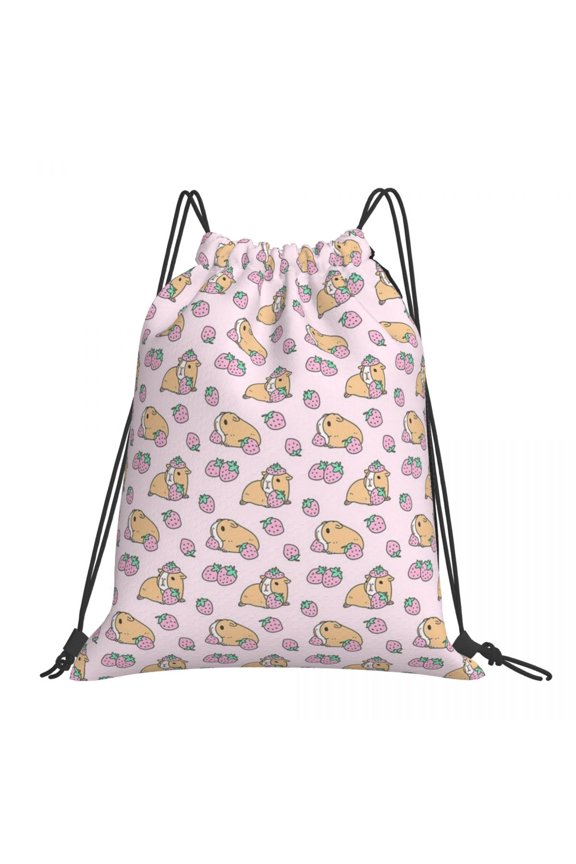 Pink Guinea Pig And Strawberry Pattern Backpacks Drawstring Bags Drawstring Bundle Pocket Sports Bag Book Bags For Travel School