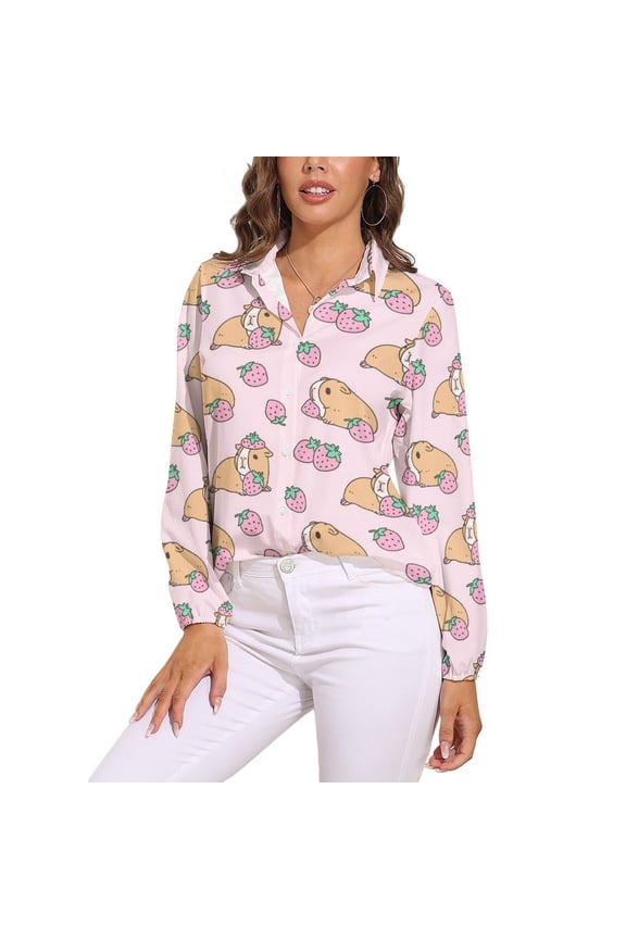 Pink Guinea Pig And Strawberry Pattern Long Sleeve Blouse Woman Streetwear Casual Shirts Summer Oversize Woman Streetwear Clothing Birthday Present