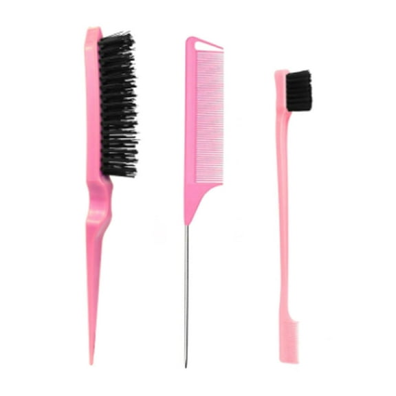 Pink Hair Brush Set - 3 Pcs, Slick Back, Rat Tail, Teasing Comb for Kids and Baby Hair Smoothing