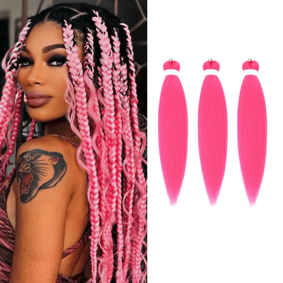 Pink Hair Extensions, 26 Inch 3 Packs Braiding Hair Pre Stretched Purple Yaki Braiding Hair Synthetic Hair Colored Braiding Hair Crochet Hair