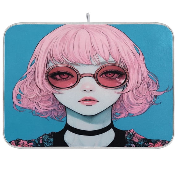Pink Hair GirlKitchen Drying Mat Heat Resistant Drainage with Non-Slip Rubber Backing Hides Stains Super Absorbent Easy to Clean 1824in