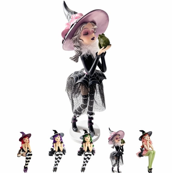 Pink Hair Shelf Witch Figurine with Frog,1PCS Gothic Resin Edge Sitting Witch Statue with Witch Hat,8" Spooky Fall Halloween Decor for Tabletop& Bookshelf