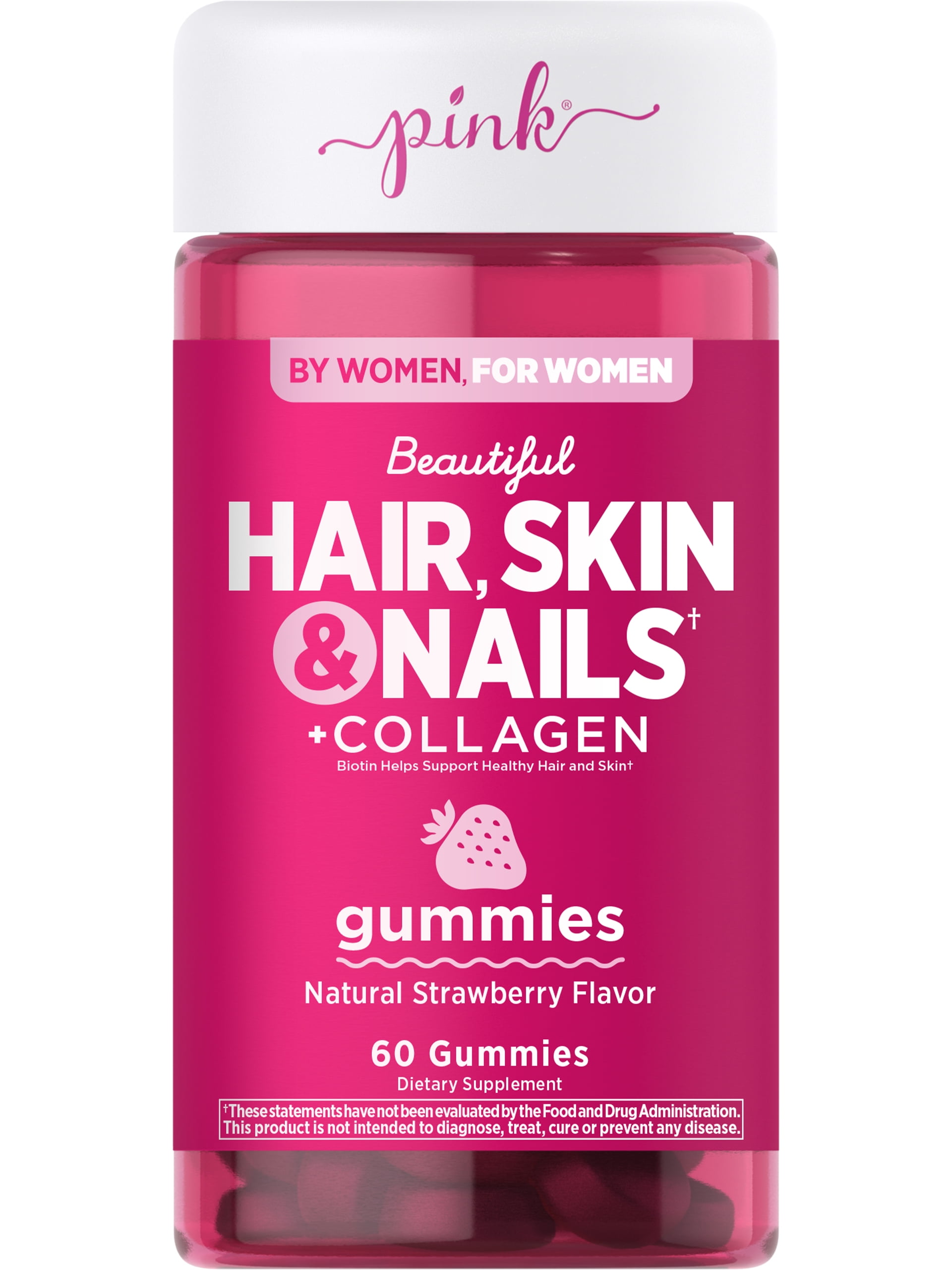 Pink Hair Skin Nails Gummies | 60 Count | Plus Collagen | Non-GMO & Gluten Free Vitamins for Women | Strawberry Flavor