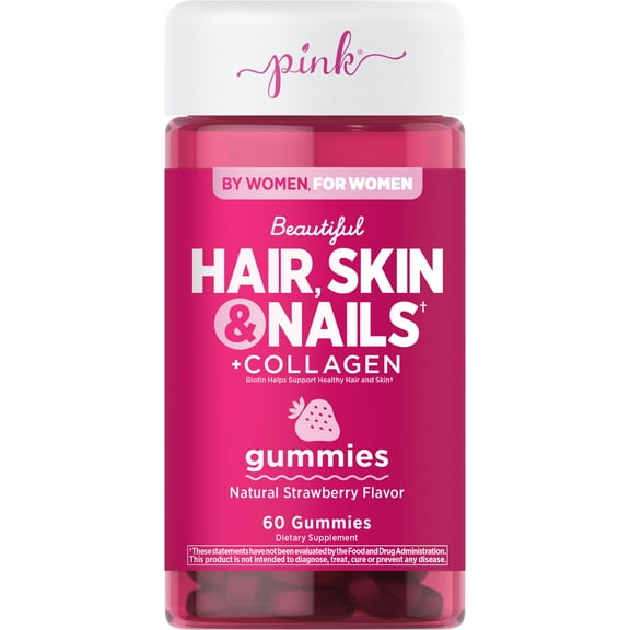 Hair Skin Nails Gummies | 60 Count | Plus Collagen | For Women | Strawberry Flavor | by Pink