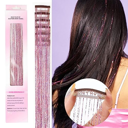 Clip in Hair Tinsel 22 inch 6pcs Fairy Hair Tinsel Heat Resistant Tinsel Hair Extensions, Human Hair Extensions Glitter Hair Accessories for Women