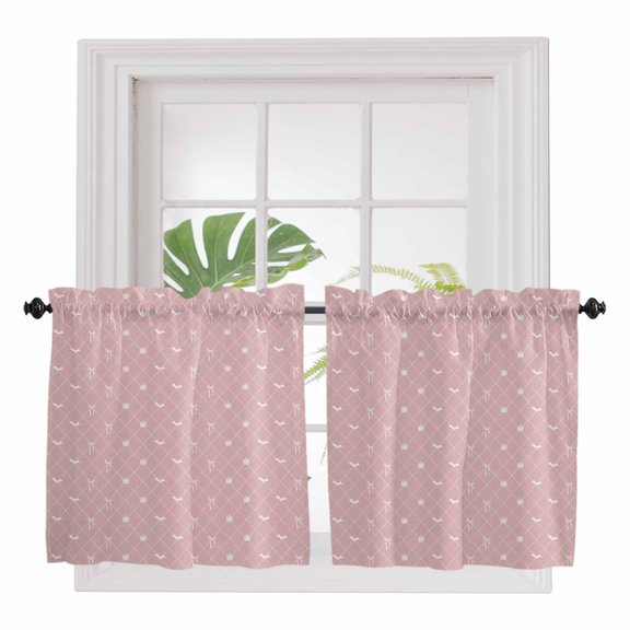 Pink Halloween 2 Panel Kitchen Curtains for Small Windows, Checkered Bat Bow Bathroom Tier Curtain, Short Window Treatment for Bedroom/Living Room 55"x24"