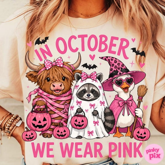 Pink Halloween Animals Shirt, In October We Wear Pink Breast Cancer ...