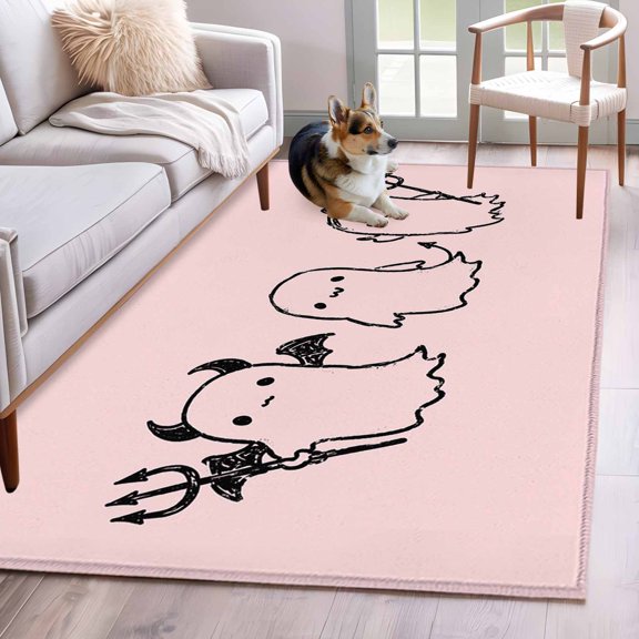 Pink Halloween Area Rug 3x5 FT, Non Slip Entryway Bedside Carpet, Funny Ghost Cute Cartoon Spooky Washable Soft Floor Carpet Indoor Mat Non-Shedding Throw Rug for Dorm Kitchen Home Office