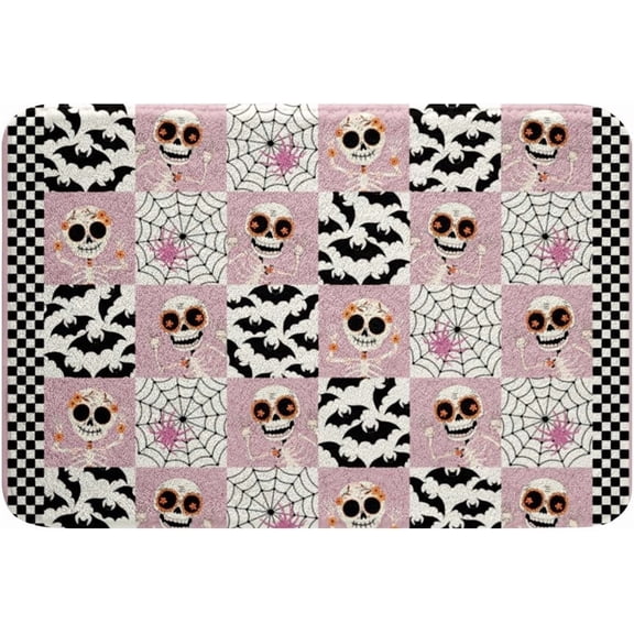 Pink Halloween Bath Mat 16" x 24" Kawaii Spider Bat Design Gothic Spider Web Skull Non Slip Bathroom Rug and Doormat