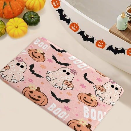 Pink Halloween Bath Rugs, Cute Ghost Pumpkin Black Bat Boo Non Slip Flannel Bathroom Rug, Funny Cartoon Spooky Halloween Bath Mat for Bathroom Bedroom Kitchen Outdoor Indoor 17X29in