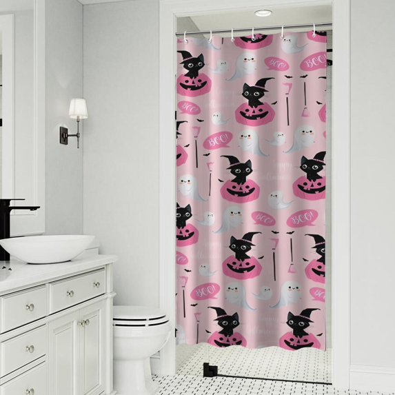 Pink Halloween Black Cats Ghosts and Pumpkins Shower Curtain 36"x72" ,Bathroom Decorative Shower Curtains Set with 12 Hooks,Modern Waterproof Washable Shower Curtain