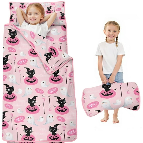 Pink Halloween Black Cats Ghosts and Pumpkins Toddler Nap Mats for Kids Preschool,50"x20" Sleeping Mat Bag or Kids,Toddler Sleeping Bag,Toddler Nap Mat or Daycare