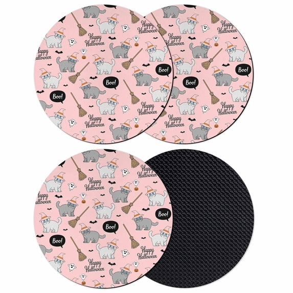 Pink Halloween Coasters Set of 4, Absorbent Coasters for Drinks, Cat Bat Ghost Pumpkins Coaster for Desk Coffee Table Protection, Home Decor House Warming Gifts 4"