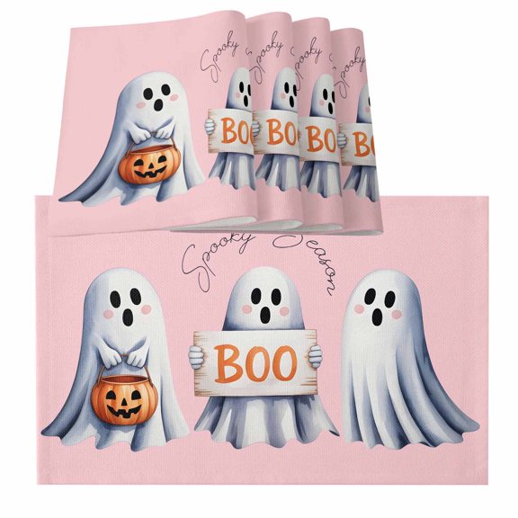 Pink Halloween Cute Ghost Modern Art Burlap Kitchen Place Mats Waterproof Cloth Table Mats, Indoor Outdoor Placemats Easy Clean Dinner Decor