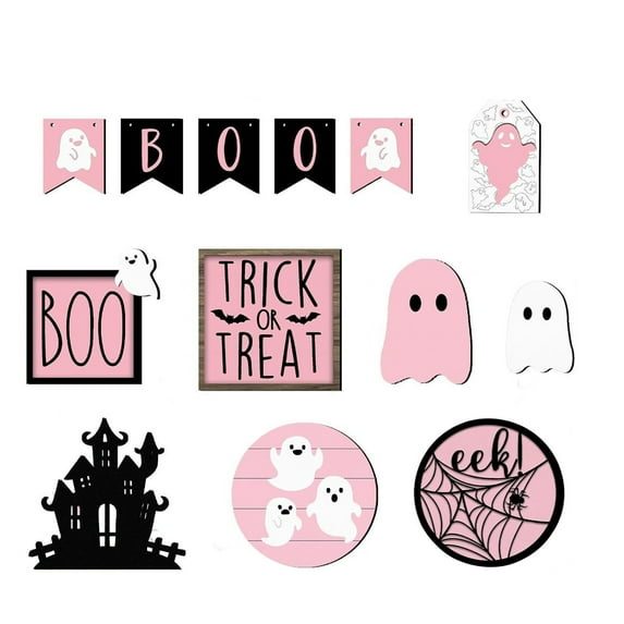 Pink Halloween Decorations Set, Cute Ghost Banner, Trick or Treat Signs, Boo Wall Art, Spider Web Decor for Kids Party