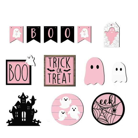 Pink Halloween Decorations Set, Cute Ghost Banner, Trick or Treat Signs, Boo Wall Art, Spider Web Decor for Kids Party