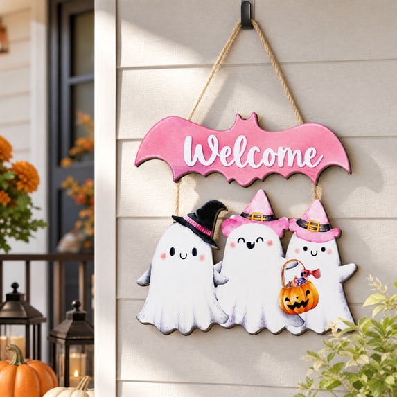 Pink Halloween Door Decorations Halloween Door Sign Bat Ghost Decor Hanging Sign, Cute Halloween Decor Wooden Wreaths for Front Door Hanger Happy Welcome Sign Bat Ghost for Wall Indoor Home Decor