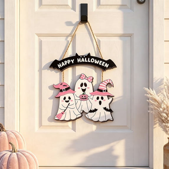 Pink Halloween Door Decorations Halloween Door Sign Bat Ghost Decor Hanging Sign, Cute Halloween Decor Wooden Wreaths for Front Door Hanger Happy Welcome Sign Bat Ghost for Wall Indoor Home Decor