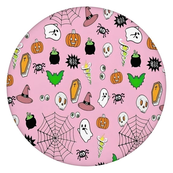 Pink Halloween Elements Pattern Round Fitted Tablecloth with Elastic Edge,Dining Table Cover Waterproof,Outdoor Round Tablecloth for Camping,Dining,Indoor and Outdoor