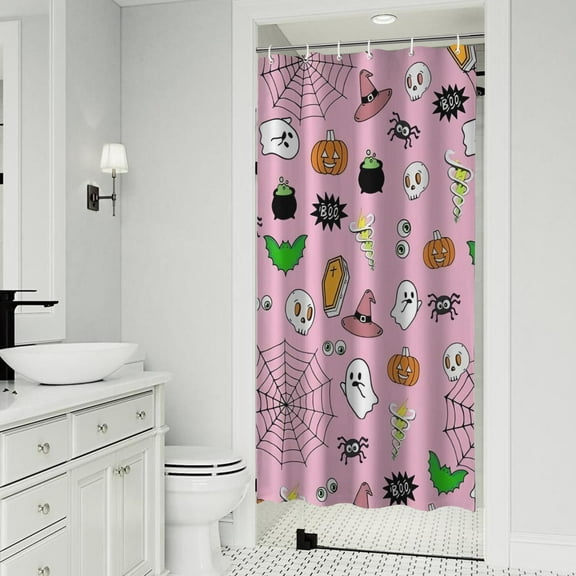 Pink Halloween Elements Pattern Shower Curtain 36"x72" ,Bathroom Decorative Shower Curtains Set with 12 Hooks,Modern Waterproof Washable Shower Curtain
