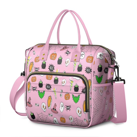 Pink Halloween Elements Pattern Womens Lunch Box for Work,Insulated Large Lunch Bag for Tween and Teen,Loncheras Para Mujer,Leakproof Adult Lunch Bag for Work,Beach,Travel,Picnic,Camping