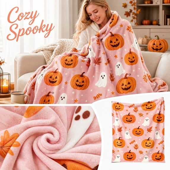 Pink Halloween Fleece Throw Blanket with Cute Fall and Halloween Decor, Soft Cozy Plush Blanket for Hanging Halloween Decorations on Your Wall, Lightweight Fall and Halloween Gift