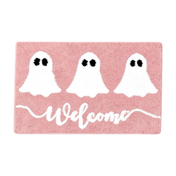 Pink Halloween Ghost Doormat, Faux Cashmere Floor Mat with Non-Slip Rubber Backing, Cute Spooky Welcome Rug for Entryway Bathroom Porch