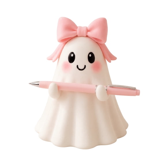Pink Halloween Ghost Figurine Cute Pen Holder Desk Accessories Pink White Halloween Decor, Pastel Office Ghost Statues, Resin Table Top Decor for Home Desk Office Accessory, 3.94 Inch
