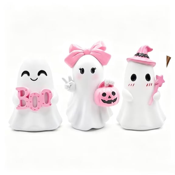 Pink Halloween Ghost Figurines Set of 3 Hand-Painted Resin Tabletop Decor for Home Desktop Party