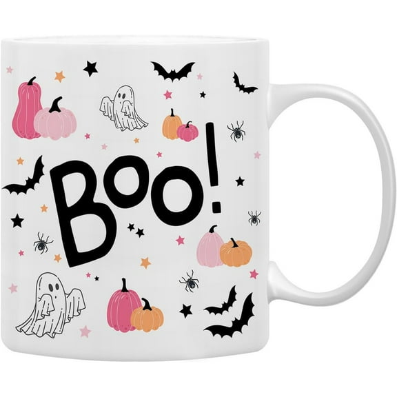 Pink Halloween Ghost Mug, Halloween Coffee Mug, Pink Pumpkin Coffee Mug, Halloween Themed Mug Tea Cup Gifts for Women Girls Friends, Pink Boo Pumpkin Ghost Halloween Coffee Cups Ceramic 11oz