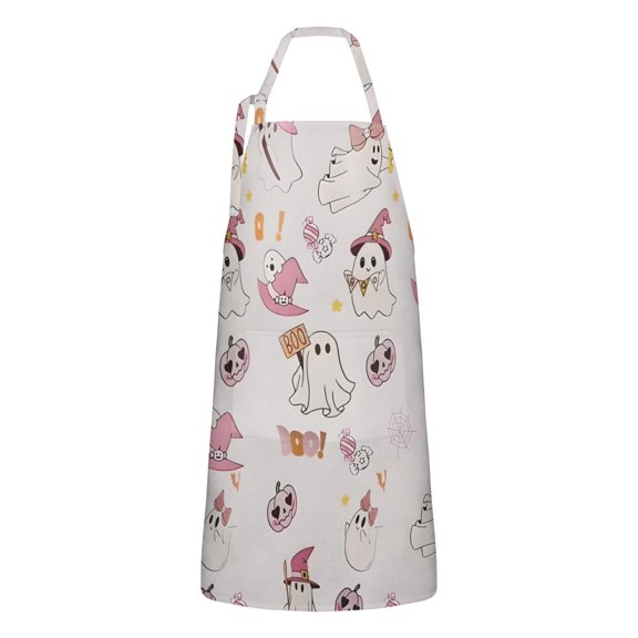 Pink Halloween Ghosts Apron-Garden Aprons for Women with Pockets-Cotton Linen Waterproof Kitchen Cooking Gardening Aprons Adjustable for Kitchen,Cooking,BBQ and Salon 32"x27"