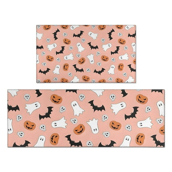 Pink Halloween Ghosts Bats and Pumpkins Kitchen Rugs Sets Of 2,Anti Fatigue Kitchen Mat Rugs Non Slip Washable,Decorative Kitchen Floor Mats for Kitchen,Sink,Laundry,17"x30"+17"x47"