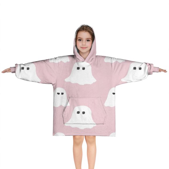 Pink Halloween Ghosts Blanket Hoodies for Kids 6-13YR Oversize Wearable Blanket Hoodies for Boys Girls Teens