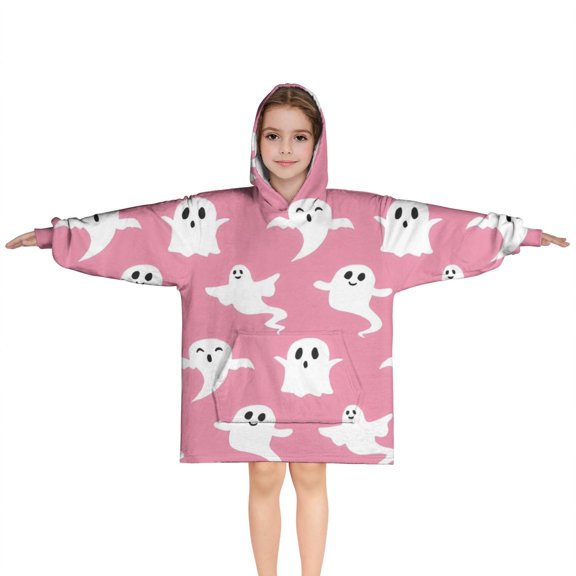 Pink Halloween Ghosts Blanket Hoodies for Kids 6-13YR Oversize Wearable Blanket Hoodies for Boys Girls Teens