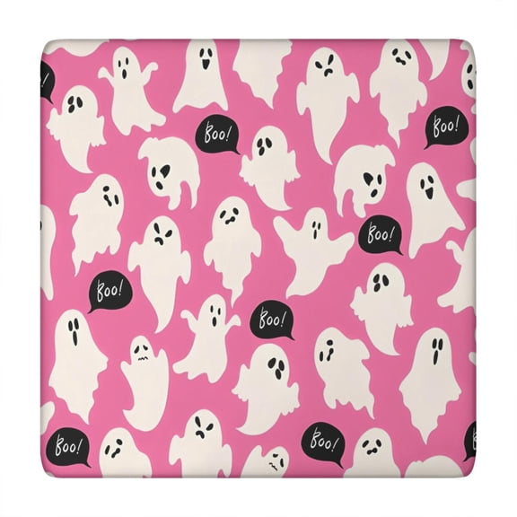 Pink Halloween Ghosts with Boo Square Fitted Tablecloth with Elastic Edge,Square Table Cover,Washable Elastic Table Cover for Home Kitchen Party Decor 34"x34"